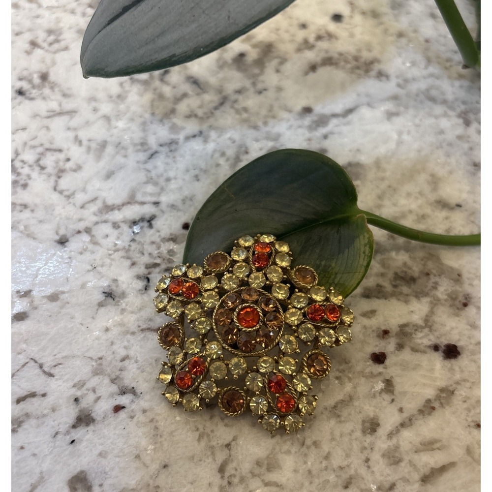 Vintage Round Floral Rhinestone Brooch Pin Fall Colors Green Orange‎ Brown Gold